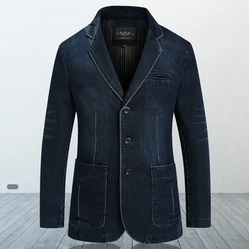 Новый мужской джинсовый блейзер 2023, Осенний Уличный костюм, Мужское Модное хлопчатобумажное Винтажное Синее пальто, джинсовая куртка, Мужские Джинсовые блейзеры,