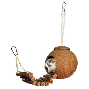 Кокосовый птичник Кокосовое гнездо с деревянной лестницей Натуральная птичья шкура Из натурального кокосового волокна, прочная и экологичная Для